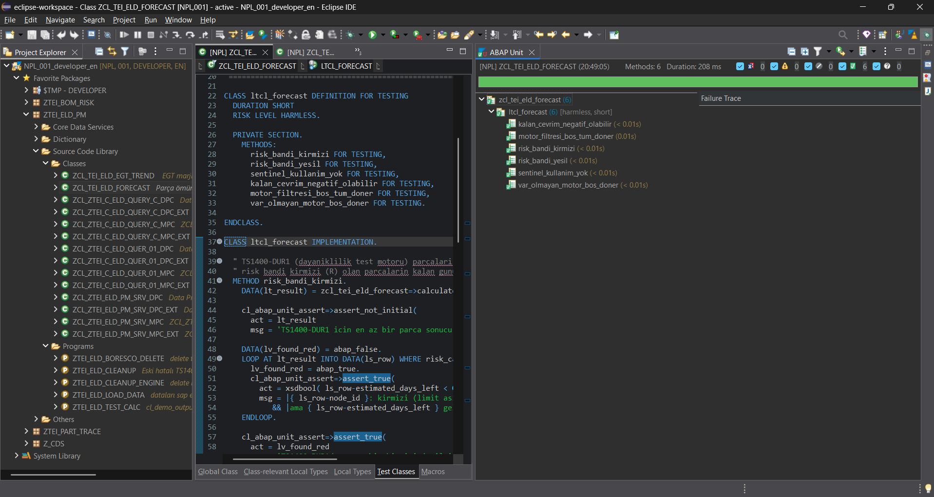 Eclipse ADT'de ABAP Unit test sonucu — yeşil onay işaretleri