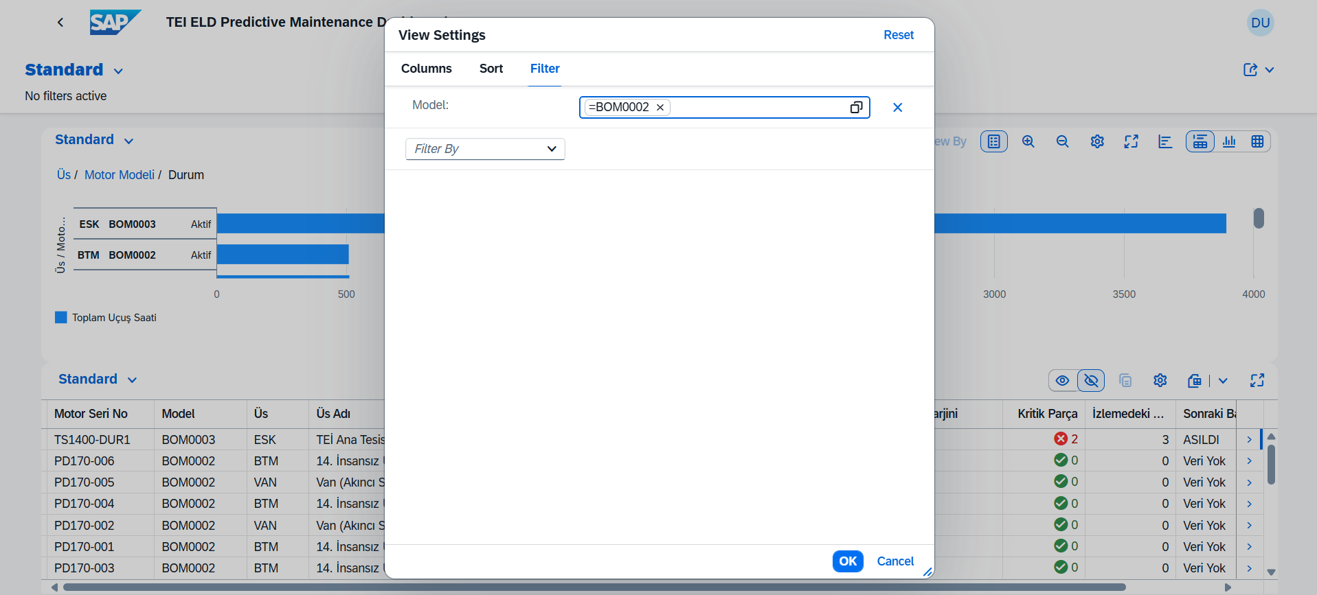 View Settings filtre diyaloğu — Motor Modeli seçiliyor