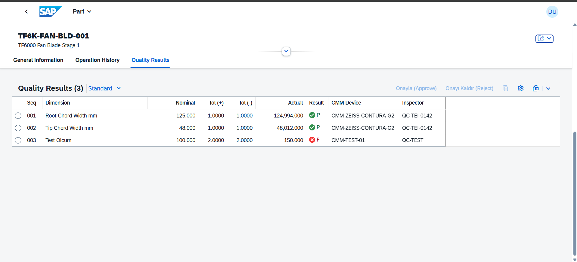 Object Page alt bölüm — Operation History ve Quality Results